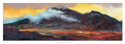 A panoramic painting depicting a vibrant, colorful landscape with mountains under a dramatic sky, possibly showing an eruption or fiery sunset. By Margaret Evans