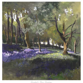 A painting of a serene woodland scene with bluebell flowers on the forest floor and sunlight filtering through the trees. By Margaret Evans