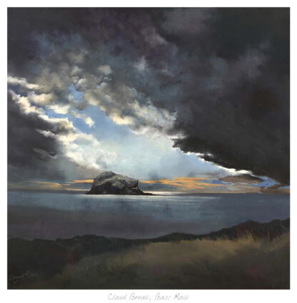 A painting of a dramatic cloudy sky breaking to reveal sunlight over a solitary rock in the sea, viewed from a grassy shoreline. By Margaret Evans
