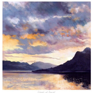 A painting of a serene sunset over a lake with mountains in the background and colorful clouds reflected in the water. By Margaret Evans