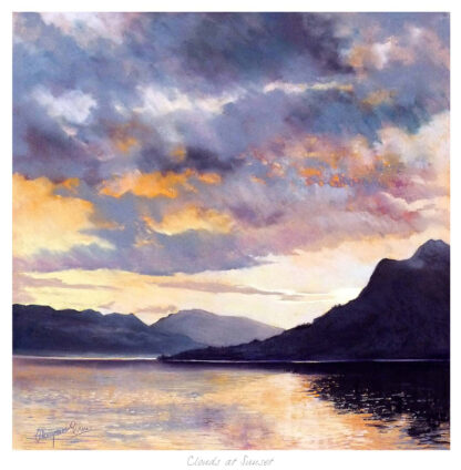 A painting of a serene sunset over a lake with mountains in the background and colorful clouds reflected in the water. By Margaret Evans
