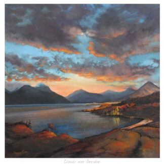 The image depicts a vibrant painting of a scenic landscape with dramatic clouds at sunset over a mountainous area and a water body. By Margaret Evans