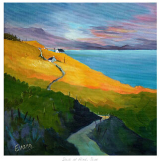A colorful painting of a coastal landscape with a winding road leading to a small house at dusk. By Margaret Evans