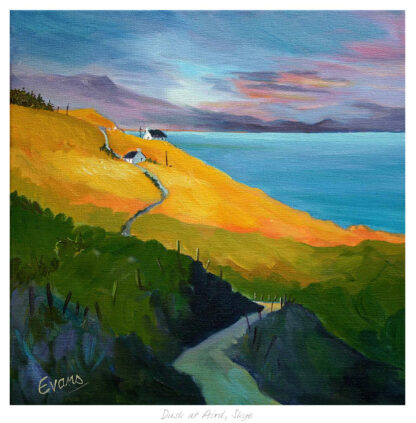 A colorful painting of a coastal landscape with a winding road leading to a small house at dusk. By Margaret Evans