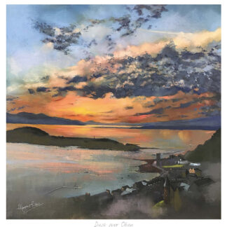 A picturesque painting depicting a serene sunset over a coastal landscape with vibrant skies and a tranquil body of water. By Margaret Evans