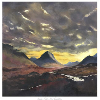 A painting of a dramatic sunset over a mountainous landscape with cloudy skies. By Margaret Evans