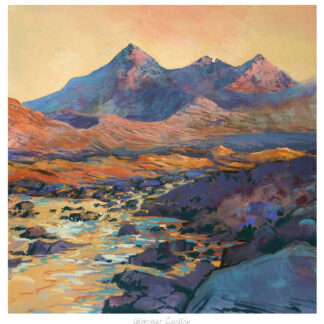 A colorful impressionistic painting of a mountain landscape during sunset with a signature 'Glorious Cuillins' at the bottom. By Margaret Evans