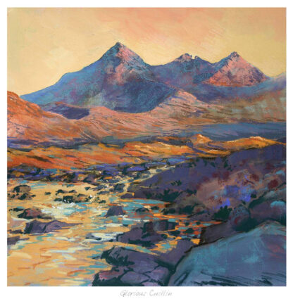 A colorful impressionistic painting of a mountain landscape during sunset with a signature 'Glorious Cuillins' at the bottom. By Margaret Evans