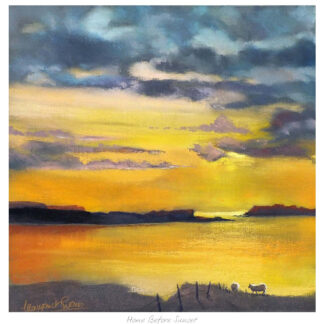 A painting of a serene landscape with a sunset over water, silhouettes of two horses, and vibrant sky colors. By Margaret Evans
