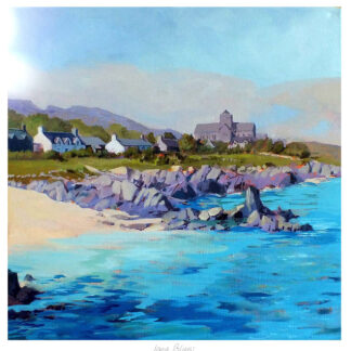 The image is a vibrant painting of a coastal scene with houses, a large building, and a rocky shoreline under a blue sky. By Margaret Evans