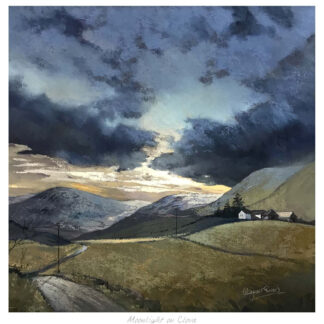 A painting of a moonlit landscape with a house, road, and dark cloudy sky, titled 'Moonlight on Clava.' By Margaret Evans