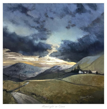 A painting of a moonlit landscape with a house, road, and dark cloudy sky, titled 'Moonlight on Clava.' By Margaret Evans