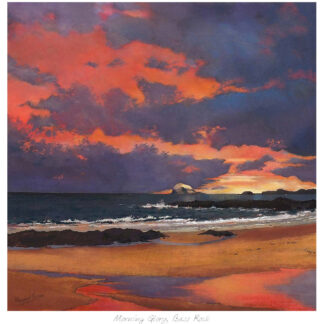 A painting of a scenic beach with waves, colorful clouds in the sky, and distant mountains. By Margaret Evans