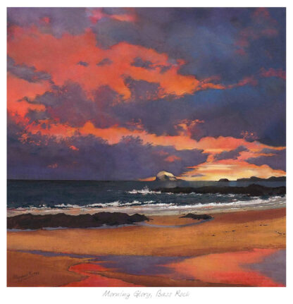 A painting of a scenic beach with waves, colorful clouds in the sky, and distant mountains. By Margaret Evans