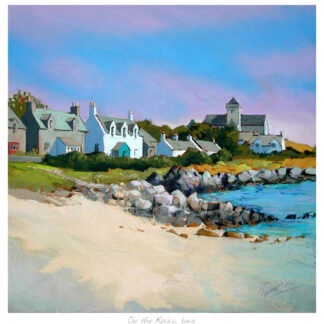 A colorful painting of a coastal village with houses and a church, under a clear blue sky. By Margaret Evans