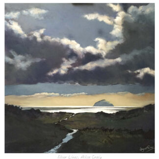 A painting depicting a dramatic cloudy sky, a bright horizon over the sea, and a dark landscape silhouette with a small path or river. By Margaret Evans