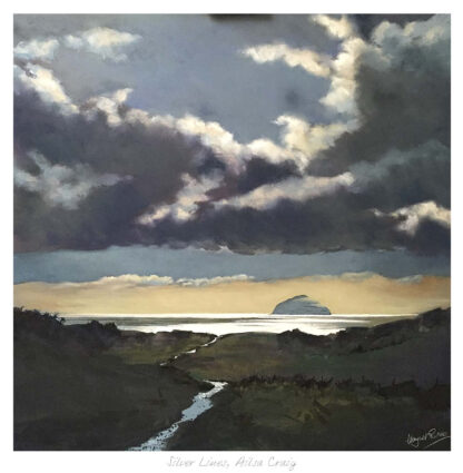 A painting depicting a dramatic cloudy sky, a bright horizon over the sea, and a dark landscape silhouette with a small path or river. By Margaret Evans