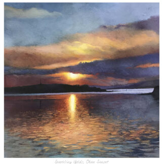 A painting of a golden ocean sunset with reflections on the water and darkness approaching in the skies. By Margaret Evans