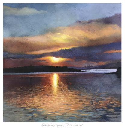 A painting of a golden ocean sunset with reflections on the water and darkness approaching in the skies. By Margaret Evans