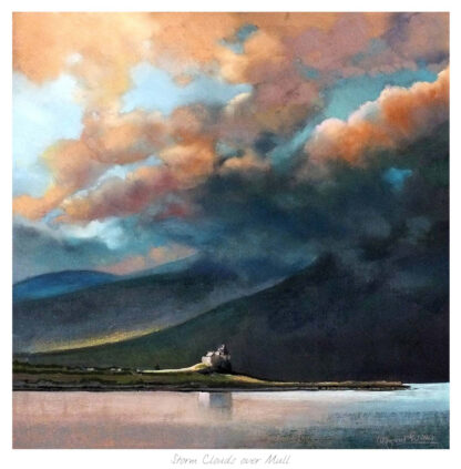 A painting of a dramatic cloudscape above a tranquil landscape with a castle-like structure near a body of water. By Margaret Evans