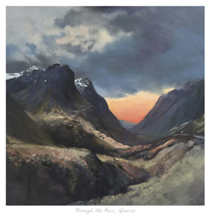 A painting depicting a dramatic mountain pass in Glencoe with a sunset in the background, highlighting earth tones and textures. By Margaret Evans