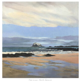 A painting of a coastal seascape with a large rock formation in the distance and a beach in the foreground. By Margaret Evans