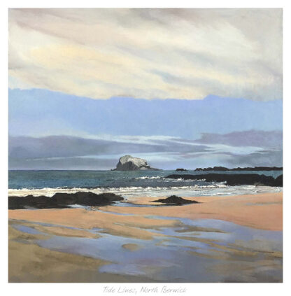 A painting of a coastal seascape with a large rock formation in the distance and a beach in the foreground. By Margaret Evans