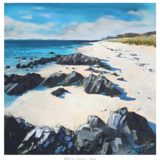 A painting of a coastal landscape with white sands, rocky outcrops, and blue water under a mostly clear sky. By Margaret Evans