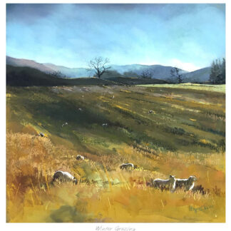 A pastoral landscape painting depicting sheep grazing in a field with mountains in the background and the title 'Winter Grazing' at the bottom. By Margaret Evans