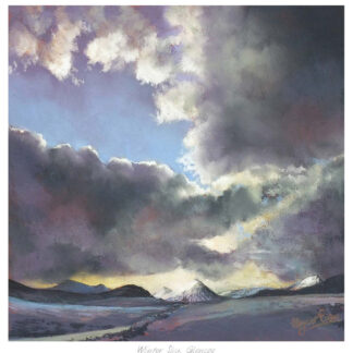 A dramatic painting depicting a winter sky over a mountainous landscape, possibly titled 'Winter Sky, Glencoe.' By Margaret Evans