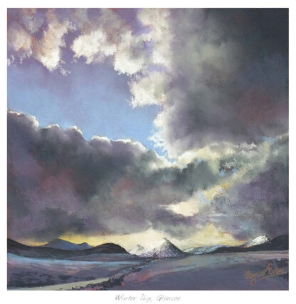 A dramatic painting depicting a winter sky over a mountainous landscape, possibly titled 'Winter Sky, Glencoe.' By Margaret Evans