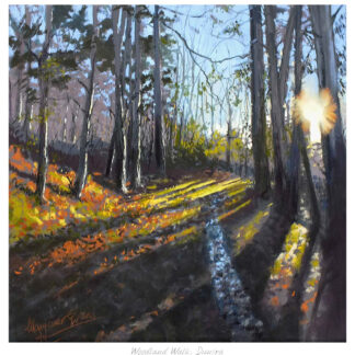 A painting depicting sun rays piercing through trees along a woodland path with dappled shadows and a small creek. By Margaret Evans