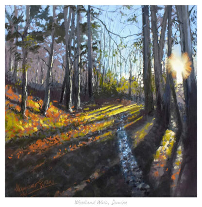 A painting depicting sun rays piercing through trees along a woodland path with dappled shadows and a small creek. By Margaret Evans