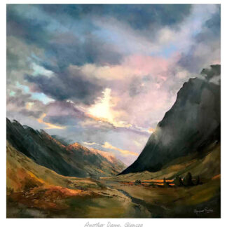 A painting depicting a dramatic sky over a mountainous landscape with a valley and a hint of buildings at sunrise or sunset. By Margaret Evans