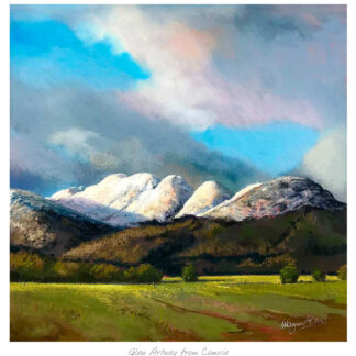 A vibrant painting depicting a snow-capped mountain range under a dynamic sky with foreground greenery and a hint of a village or settlement. By Margaret Evans