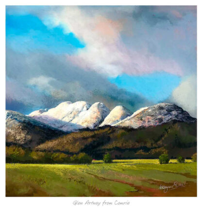 A vibrant painting depicting a snow-capped mountain range under a dynamic sky with foreground greenery and a hint of a village or settlement. By Margaret Evans