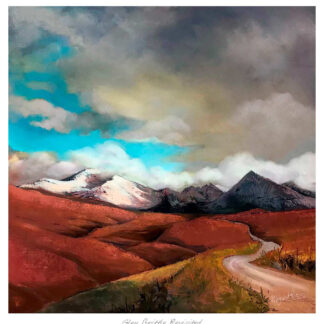 A painting depicting a winding road through a vibrant, red field leading towards snow-capped mountains under a dynamic, cloudy sky. By Margaret Evans