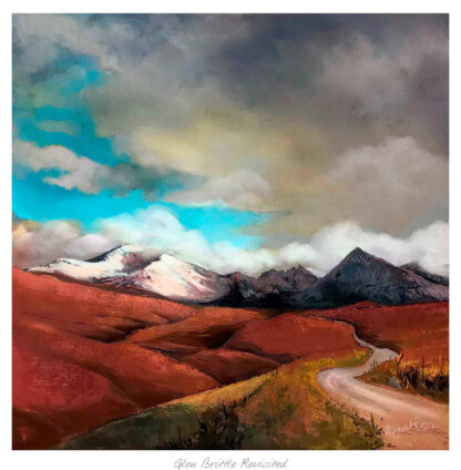 A painting depicting a winding road through a vibrant, red field leading towards snow-capped mountains under a dynamic, cloudy sky. By Margaret Evans