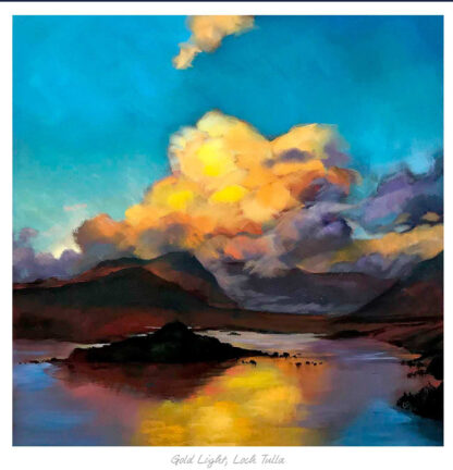 A vibrant painting of a scenic landscape featuring a body of water, colorful skies, and silhouetted mountains at dusk or dawn. By Margaret Evans