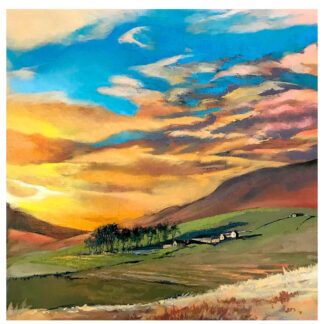 A vibrant painting depicting a colorful sky at sunset over a rolling landscape with a few buildings. By Margaret Evans