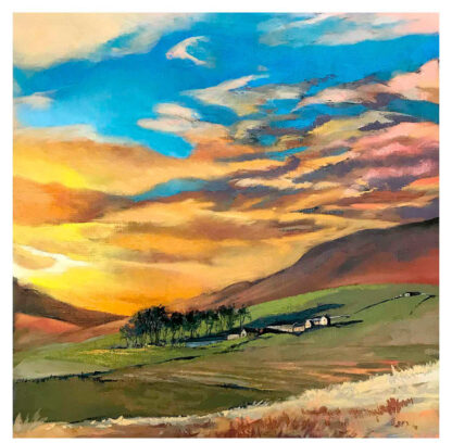 A vibrant painting depicting a colorful sky at sunset over a rolling landscape with a few buildings. By Margaret Evans