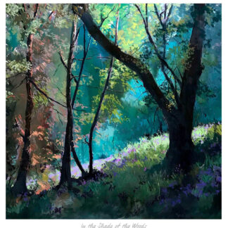 A vibrant painting of a sunlit forest with trees, shadows, and colorful underbrush. By Margaret Evans