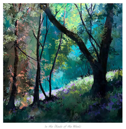 A vibrant painting of a sunlit forest with trees, shadows, and colorful underbrush. By Margaret Evans