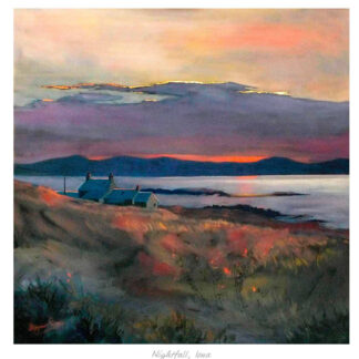 A painting depicting a sunset with vibrant skies above a coastal landscape featuring small buildings and a calm sea. By Margaret Evans