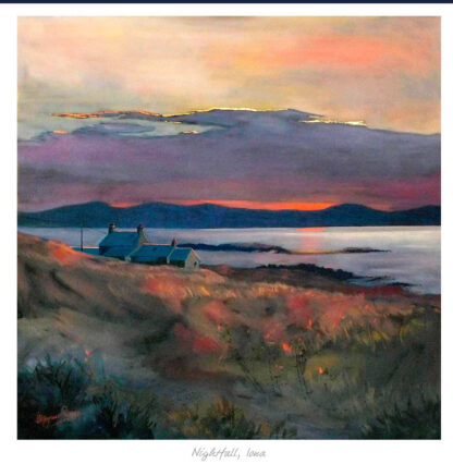 A painting depicting a sunset with vibrant skies above a coastal landscape featuring small buildings and a calm sea. By Margaret Evans