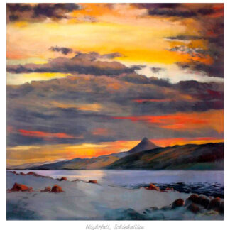 A vivid painting of a mountainous landscape under an expressive sunset sky with reflections on water, titled 'Nightfall, Schiehallion.' By Margaret Evans