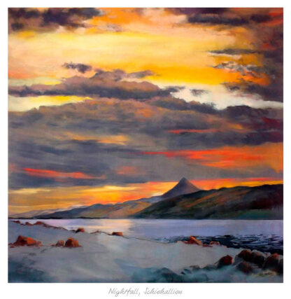 A vivid painting of a mountainous landscape under an expressive sunset sky with reflections on water, titled 'Nightfall, Schiehallion.' By Margaret Evans