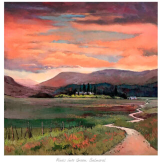 A vibrant painting depicting a scenic landscape with a path leading towards cottages under a dramatic sunset sky. By Margaret Evans