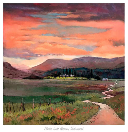 A vibrant painting depicting a scenic landscape with a path leading towards cottages under a dramatic sunset sky. By Margaret Evans