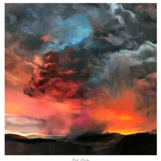 An expressive painting depicting a dramatic sky with a red and orange sunset amidst dark storm clouds, By Margaret Evans